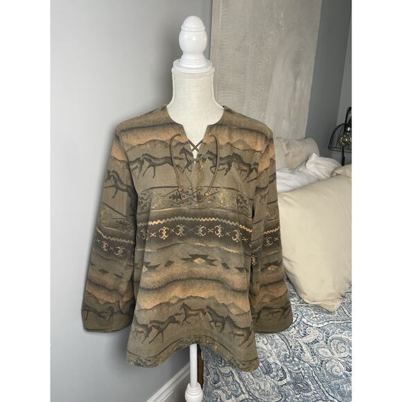 Cabela's Tops - Cabelas Horse Aztec Lace Up Flannel Womens Size L Western Southwest Pullover